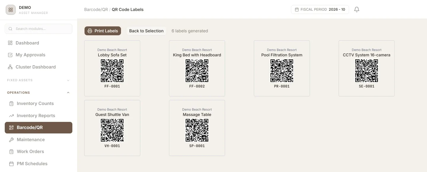 Sheet of six printable QR code labels, each showing the hotel name, the asset name and its tag.