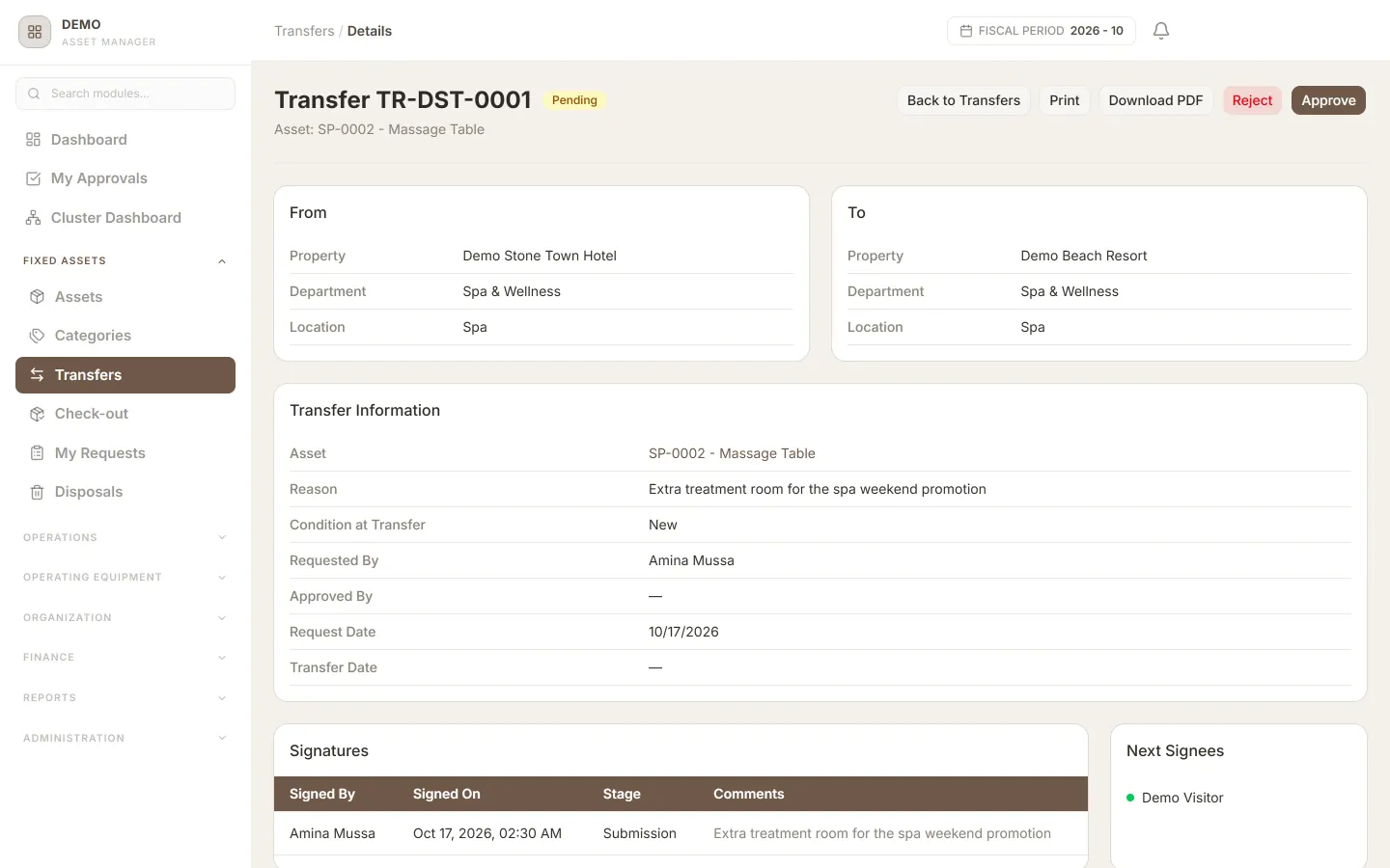 Pending transfer of a massage table from one demo hotel to another, showing the reason, who requested it, the signature log and Approve and Reject buttons.
